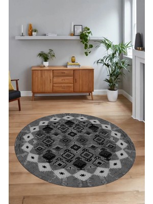 Napoli Home Dijital Baskılı Kaymaz Yıkanabilir Etnik Desen Yuvarlak Mutfak Salon Halısı, N-Y-Etnik-19-Gri,