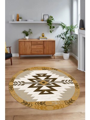 Napoli Home Dijital Baskılı Kaymaz Yıkanabilir Etnik Desen Yuvarlak Mutfak Salon Halısı, N-Y-Etnik-05-Kahve,