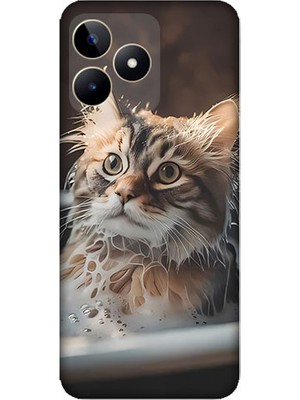 Teknomeg Realme C53 Uyumlu Banyo Yapan Kedi Desenli Silikon Kılıf