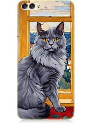 Teknomeg Huawei P Smart Uyumlu Kül Rengi Tüylü Kedi Desenli Silikon Kılıf