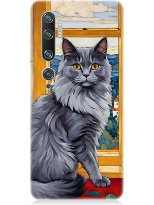 Teknomeg Xiaomi Mi Note 10 Uyumlu Kül Rengi Tüylü Kedi Desenli Silikon Kılıf