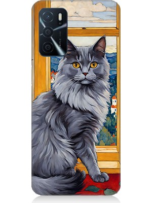 Teknomeg Oppo A16 Uyumlu Kül Rengi Tüylü Kedi Desenli Silikon Kılıf