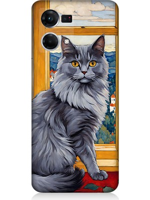 Teknomeg Oppo Reno 7 Uyumlu Kül Rengi Tüylü Kedi Desenli Silikon Kılıf