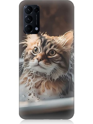 Teknomeg Oppo Reno 5 Uyumlu Banyo Yapan Kedi Desenli Silikon Kılıf