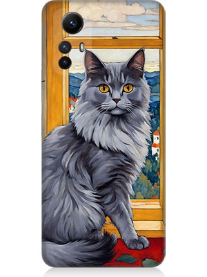 Teknomeg Xiaomi Redmi Note 12S Uyumlu Kül Rengi Tüylü Kedi Desenli Silikon Kılıf
