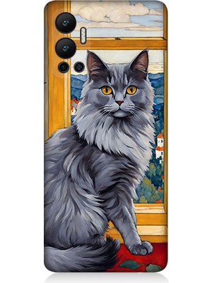 Teknomeg Infinix Hot 12 Uyumlu Kül Rengi Tüylü Kedi Desenli Silikon Kılıf
