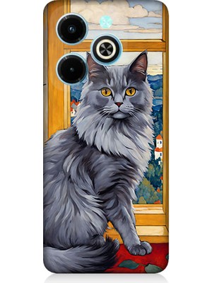 Teknomeg Infinix Hot 40I Uyumlu Kül Rengi Tüylü Kedi Desenli Silikon Kılıf