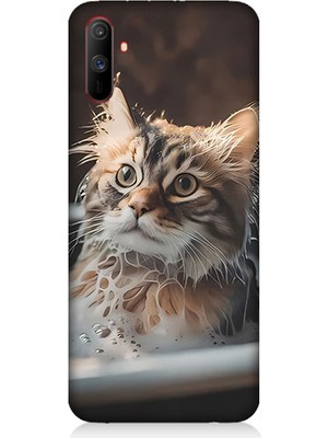 Teknomeg Realme C3 Uyumlu Banyo Yapan Kedi Desenli Silikon Kılıf