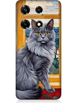 Teknomeg Infinix Note 30 Pro Uyumlu Kül Rengi Tüylü Kedi Desenli Silikon Kılıf