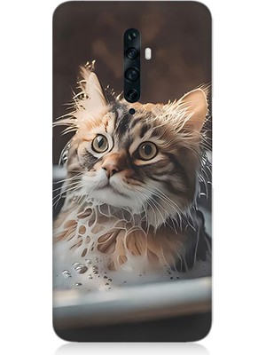 Teknomeg Oppo Reno 2z Uyumlu Banyo Yapan Kedi Desenli Silikon Kılıf