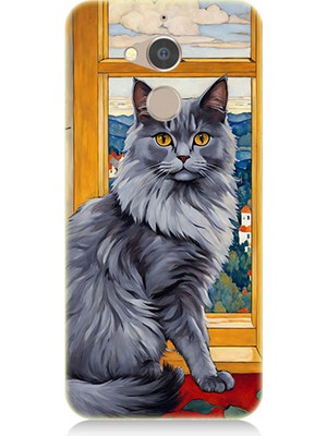 Teknomeg General Mobile Gm8 Uyumlu Kül Rengi Tüylü Kedi Desenli Silikon Kılıf