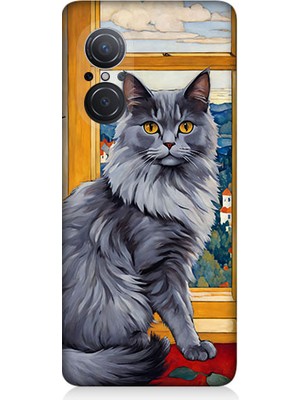 Teknomeg Huawei Nova 9 Se Uyumlu Kül Rengi Tüylü Kedi Desenli Silikon Kılıf