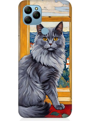 Teknomeg General Mobile GM21 Uyumlu Kül Rengi Tüylü Kedi Desenli Silikon Kılıf