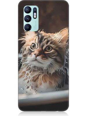 Teknomeg Oppo Reno 6 Uyumlu Banyo Yapan Kedi Desenli Silikon Kılıf