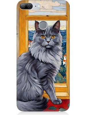 Teknomeg Huawei Honor 9 Lite Uyumlu Kül Rengi Tüylü Kedi Desenli Silikon Kılıf