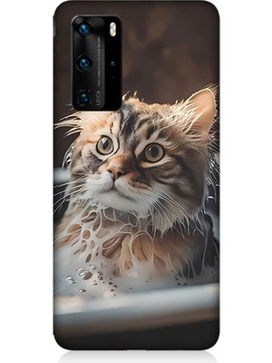 Teknomeg Huawei P40 Pro Uyumlu Banyo Yapan Kedi Desenli Silikon Kılıf