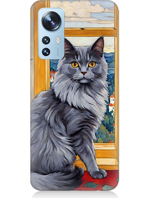 Teknomeg Xiaomi 12 Uyumlu Kül Rengi Tüylü Kedi Desenli Silikon Kılıf