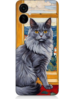 Teknomeg Tecno Spark 9 Pro Uyumlu Kül Rengi Tüylü Kedi Desenli Silikon Kılıf