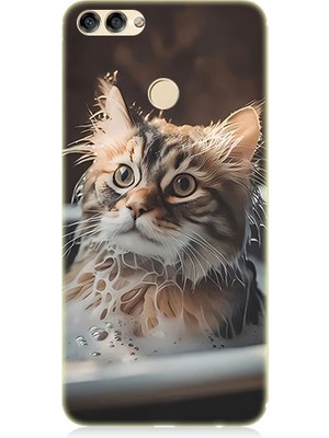 Teknomeg Huawei P Smart Uyumlu Banyo Yapan Kedi Desenli Silikon Kılıf
