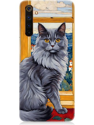 Teknomeg Realme 6 Pro Uyumlu Kül Rengi Tüylü Kedi Desenli Silikon Kılıf