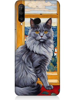 Teknomeg Huawei P30 Lite Uyumlu Kül Rengi Tüylü Kedi Desenli Silikon Kılıf