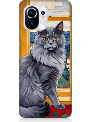 Teknomeg Xiaomi Mi 11 Pro Uyumlu Kül Rengi Tüylü Kedi Desenli Silikon Kılıf