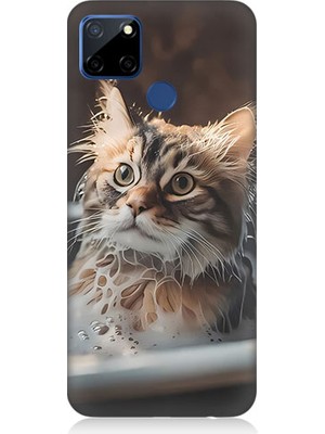Teknomeg Realme C12 Uyumlu Banyo Yapan Kedi Desenli Silikon Kılıf