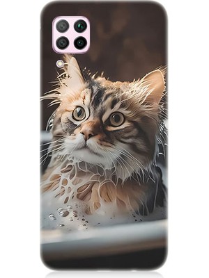 Teknomeg Huawei P40 Lite Uyumlu Banyo Yapan Kedi Desenli Silikon Kılıf