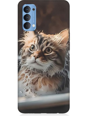 Teknomeg Oppo Reno 4 Uyumlu Banyo Yapan Kedi Desenli Silikon Kılıf