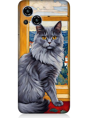 Teknomeg Reeder S23 Pro Max Uyumlu Kül Rengi Tüylü Kedi Desenli Silikon Kılıf