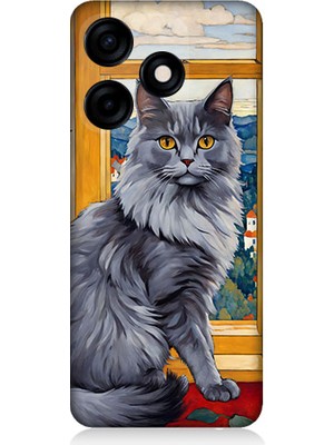 Teknomeg Tecno Spark 10C Uyumlu Kül Rengi Tüylü Kedi Desenli Silikon Kılıf
