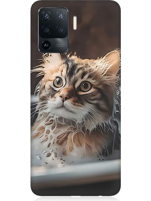 Teknomeg Oppo Reno 5 Lite Uyumlu Banyo Yapan Kedi Desenli Silikon Kılıf
