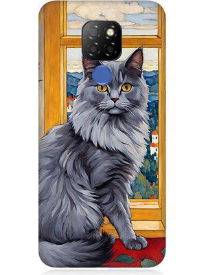 Teknomeg General Mobile GM20 Uyumlu Kül Rengi Tüylü Kedi Desenli Silikon Kılıf