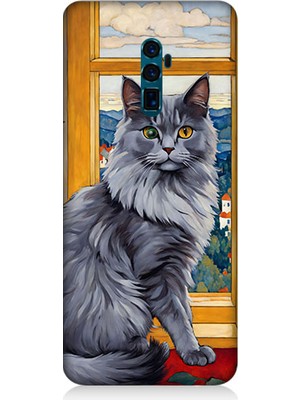 Teknomeg Oppo Reno 10X Zoom Uyumlu Kül Rengi Tüylü Kedi Desenli Silikon Kılıf