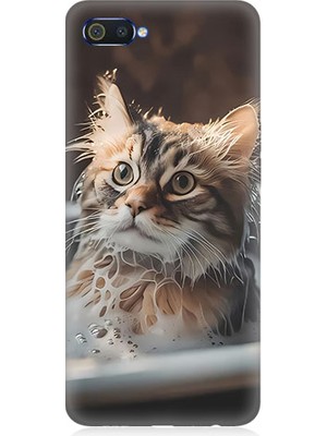 Teknomeg Realme C2 Uyumlu Banyo Yapan Kedi Desenli Silikon Kılıf