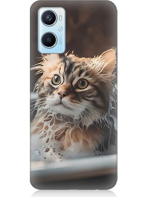 Teknomeg Oppo A96 Uyumlu Banyo Yapan Kedi Desenli Silikon Kılıf