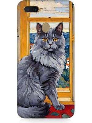 Teknomeg Oppo Ax7 Uyumlu Kül Rengi Tüylü Kedi Desenli Silikon Kılıf