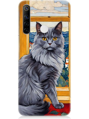 Teknomeg Realme 6i Uyumlu Kül Rengi Tüylü Kedi Desenli Silikon Kılıf