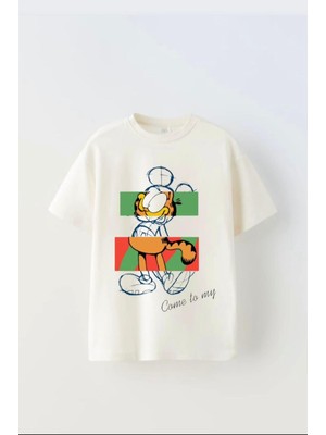 Emila Kids Unisex Rahat Kalıp Pamuklu Garfield Baskılı Beyaz Çocuk T-Shirt