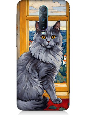 Teknomeg Oppo Rx 17 Pro Uyumlu Kül Rengi Tüylü Kedi Desenli Silikon Kılıf