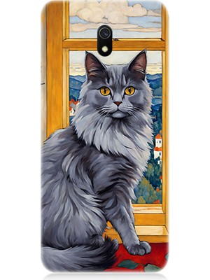 Teknomeg Xiaomi Redmi 8A Uyumlu Kül Rengi Tüylü Kedi Desenli Silikon Kılıf