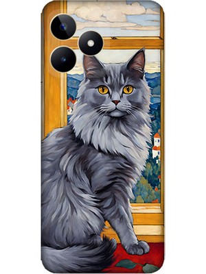 Teknomeg Realme C53 Uyumlu Kül Rengi Tüylü Kedi Desenli Silikon Kılıf