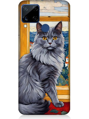 Teknomeg Realme C15 Uyumlu Kül Rengi Tüylü Kedi Desenli Silikon Kılıf
