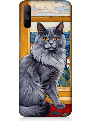 Teknomeg Realme C3 Uyumlu Kül Rengi Tüylü Kedi Desenli Silikon Kılıf