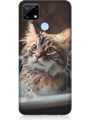 Teknomeg Realme C25 Uyumlu Banyo Yapan Kedi Desenli Silikon Kılıf