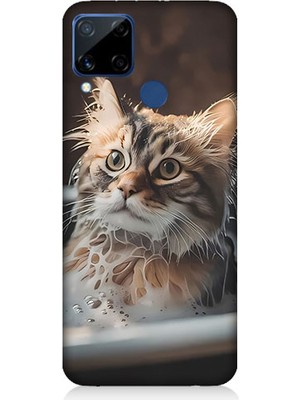 Teknomeg Realme C15 Uyumlu Banyo Yapan Kedi Desenli Silikon Kılıf