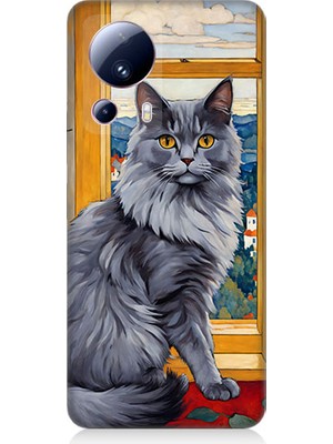 Teknomeg Xiaomi Mi 13 Lite Uyumlu Kül Rengi Tüylü Kedi Desenli Silikon Kılıf