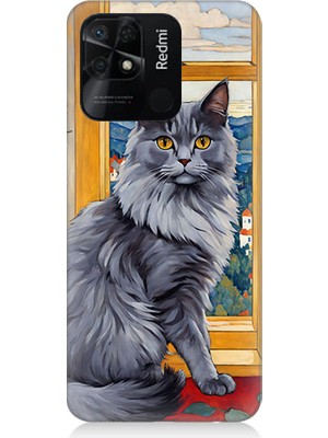 Teknomeg Xiaomi Redmi 10C Uyumlu Kül Rengi Tüylü Kedi Desenli Silikon Kılıf