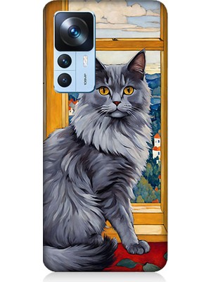 Teknomeg Xiaomi Mi 12T Uyumlu Kül Rengi Tüylü Kedi Desenli Silikon Kılıf