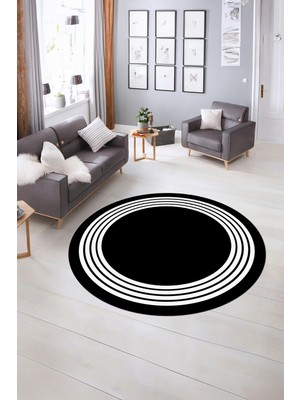 Napoli Home Dijital Kaymaz Yıkanabilir Çerçeveli Desen Yuvarlak Mutfak Salon Halısı, N-Y-Çerçeveli-07-Siyah,